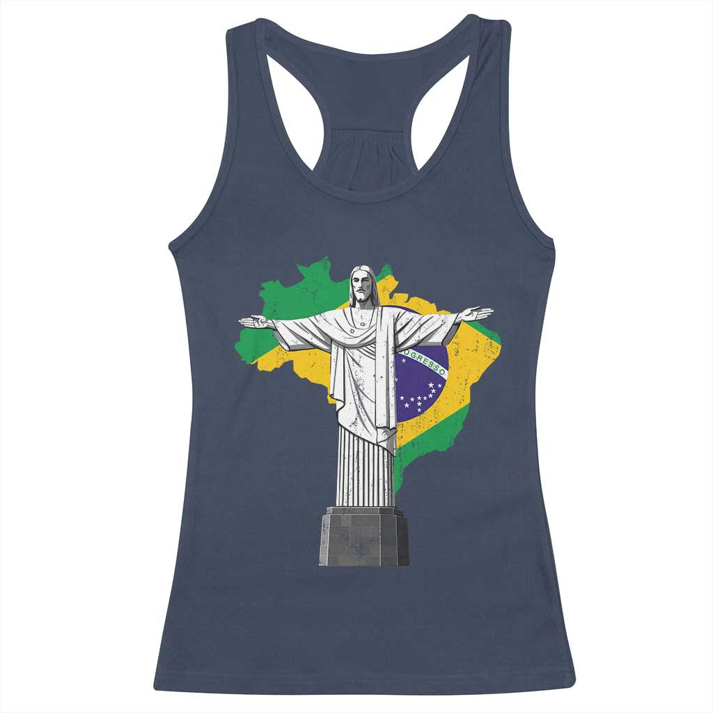 Brazilian Pride Christ the Redeemer Statue Latin America Brazil Map Racerback Tank Top - Wonder Print Shop