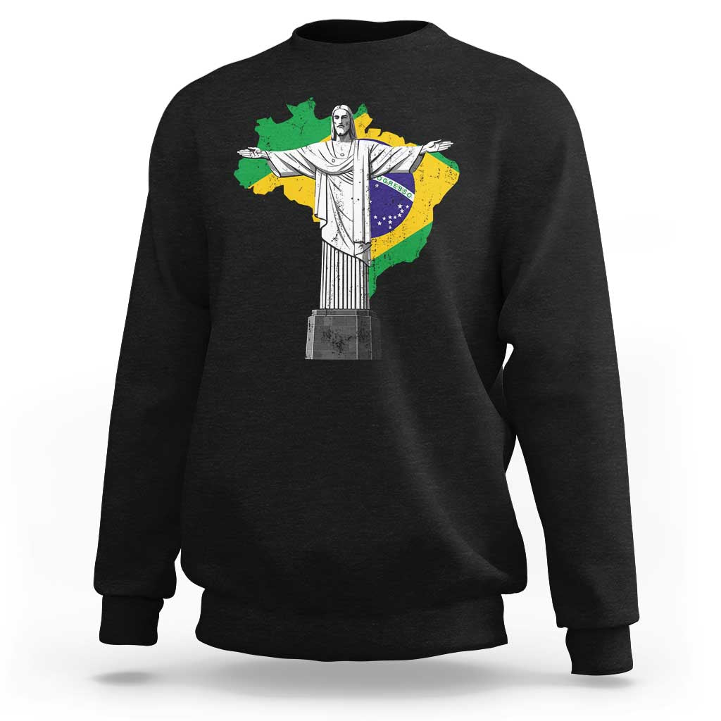 Brazilian Pride Christ the Redeemer Statue Latin America Brazil Map Sweatshirt - Wonder Print Shop