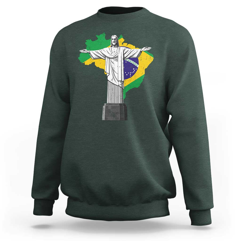 Brazilian Pride Christ the Redeemer Statue Latin America Brazil Map Sweatshirt - Wonder Print Shop
