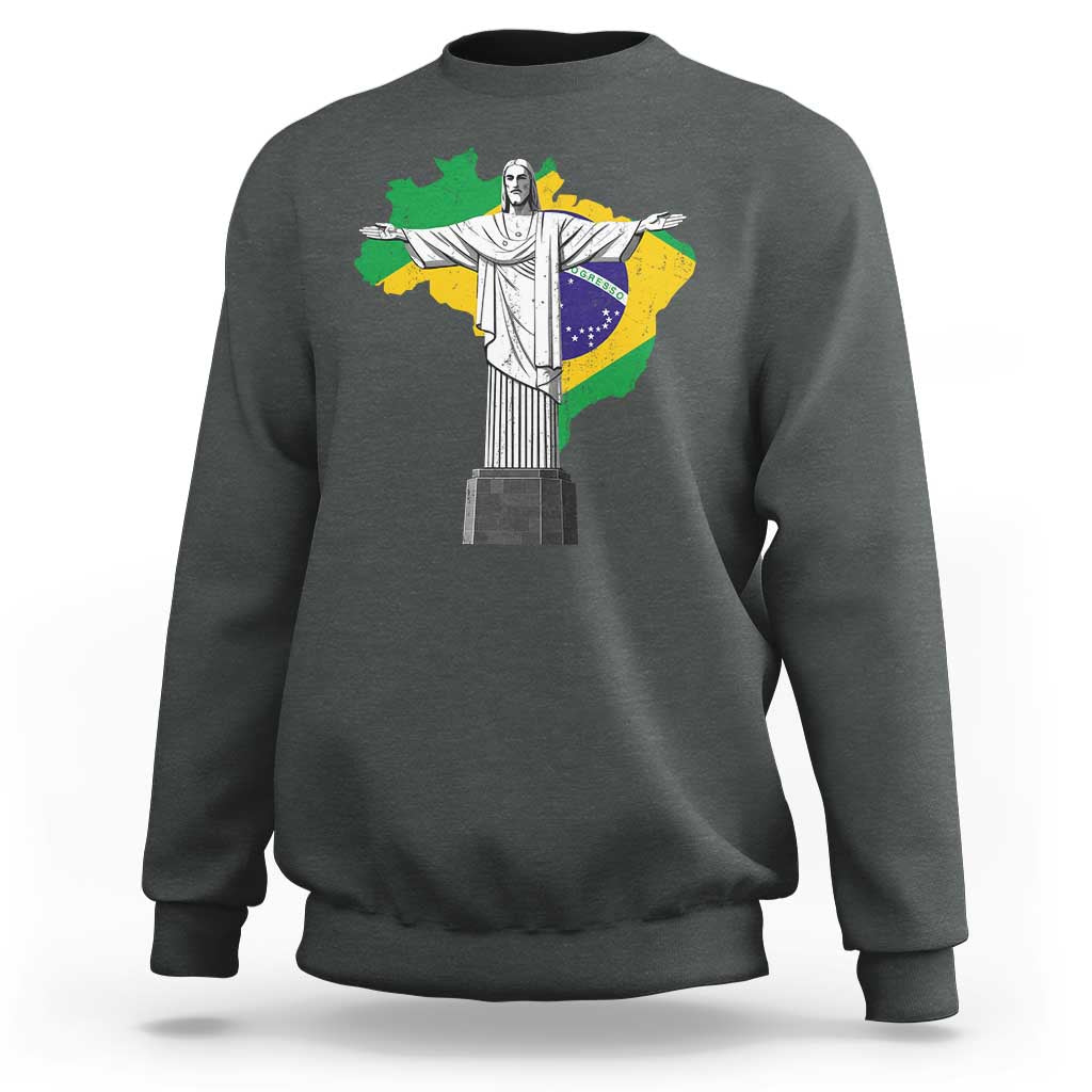 Brazilian Pride Christ the Redeemer Statue Latin America Brazil Map Sweatshirt - Wonder Print Shop