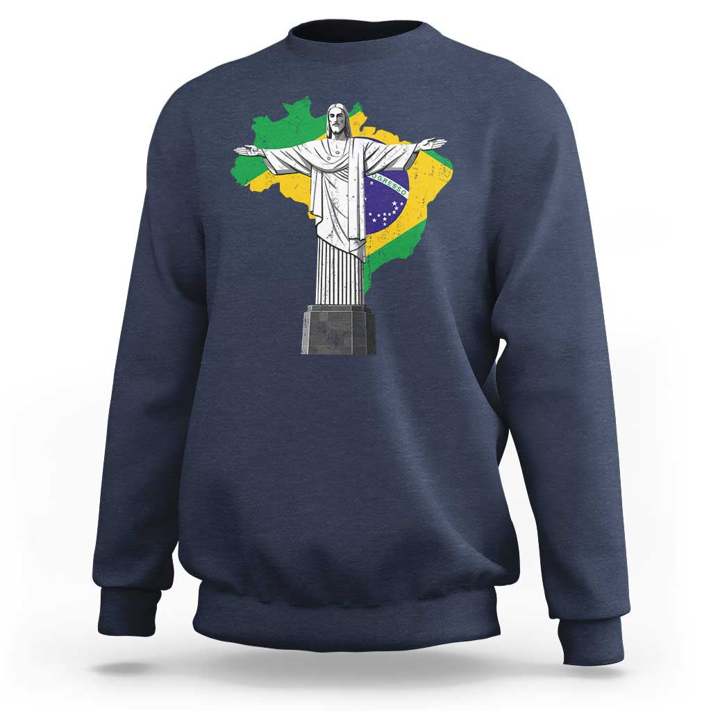 Brazilian Pride Christ the Redeemer Statue Latin America Brazil Map Sweatshirt - Wonder Print Shop