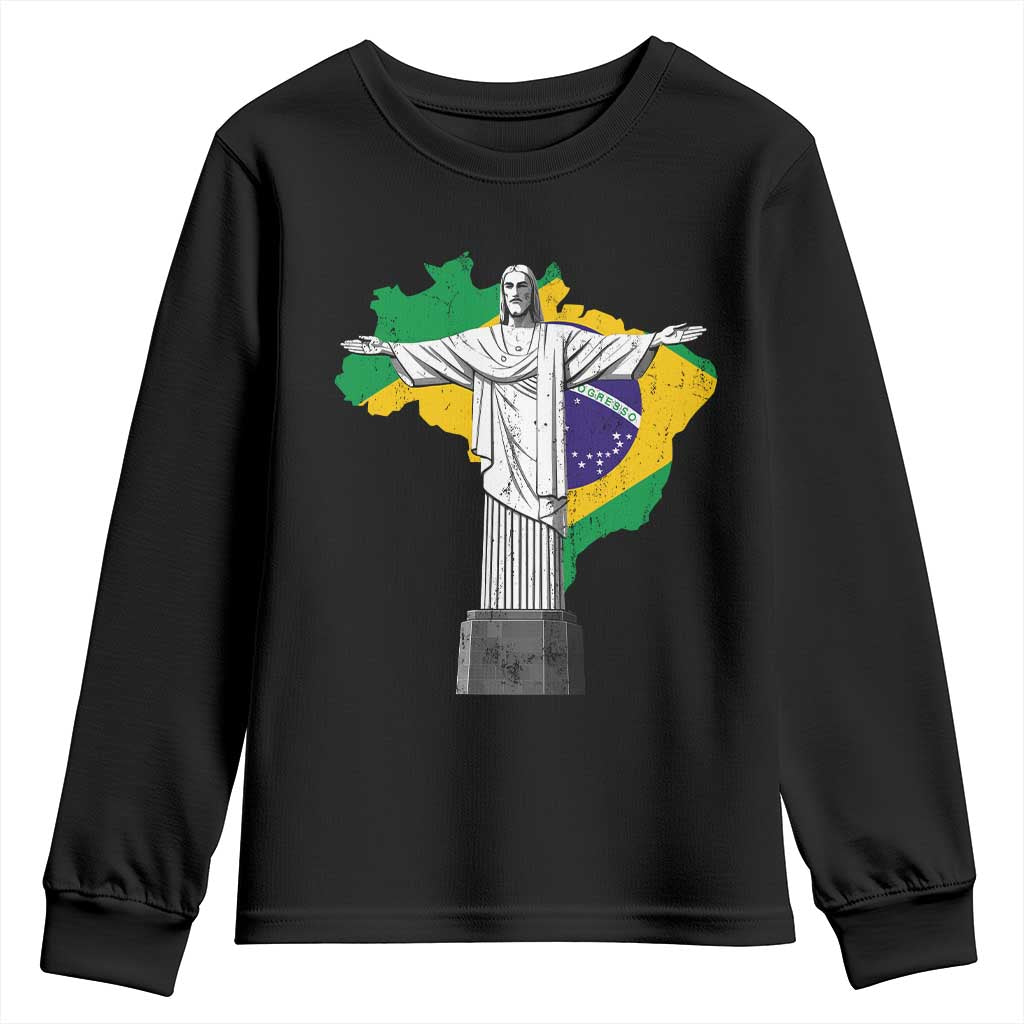 Brazilian Pride Christ the Redeemer Statue Latin America Brazil Map Youth Sweatshirt - Wonder Print Shop