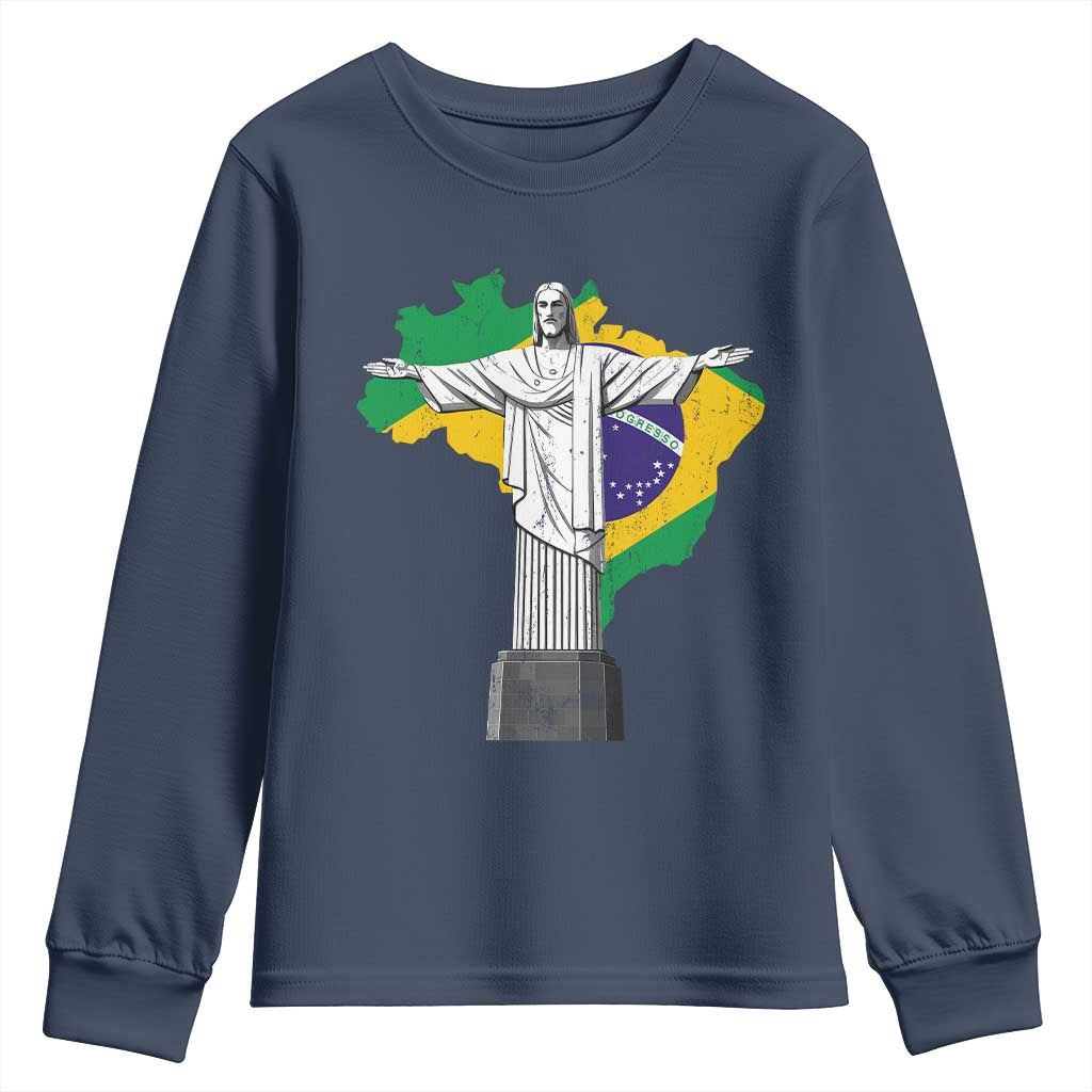 Brazilian Pride Christ the Redeemer Statue Latin America Brazil Map Youth Sweatshirt - Wonder Print Shop