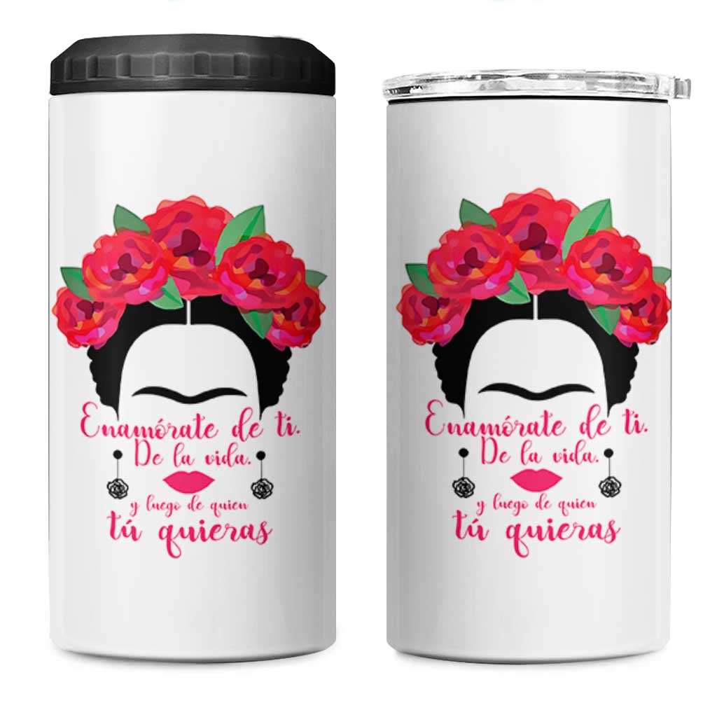 Frida Kahlo Quotes 4 in 1 Can Cooler Tumbler Enamorate De Ti De La Vida Mexican Artist - Wonder Print Shop