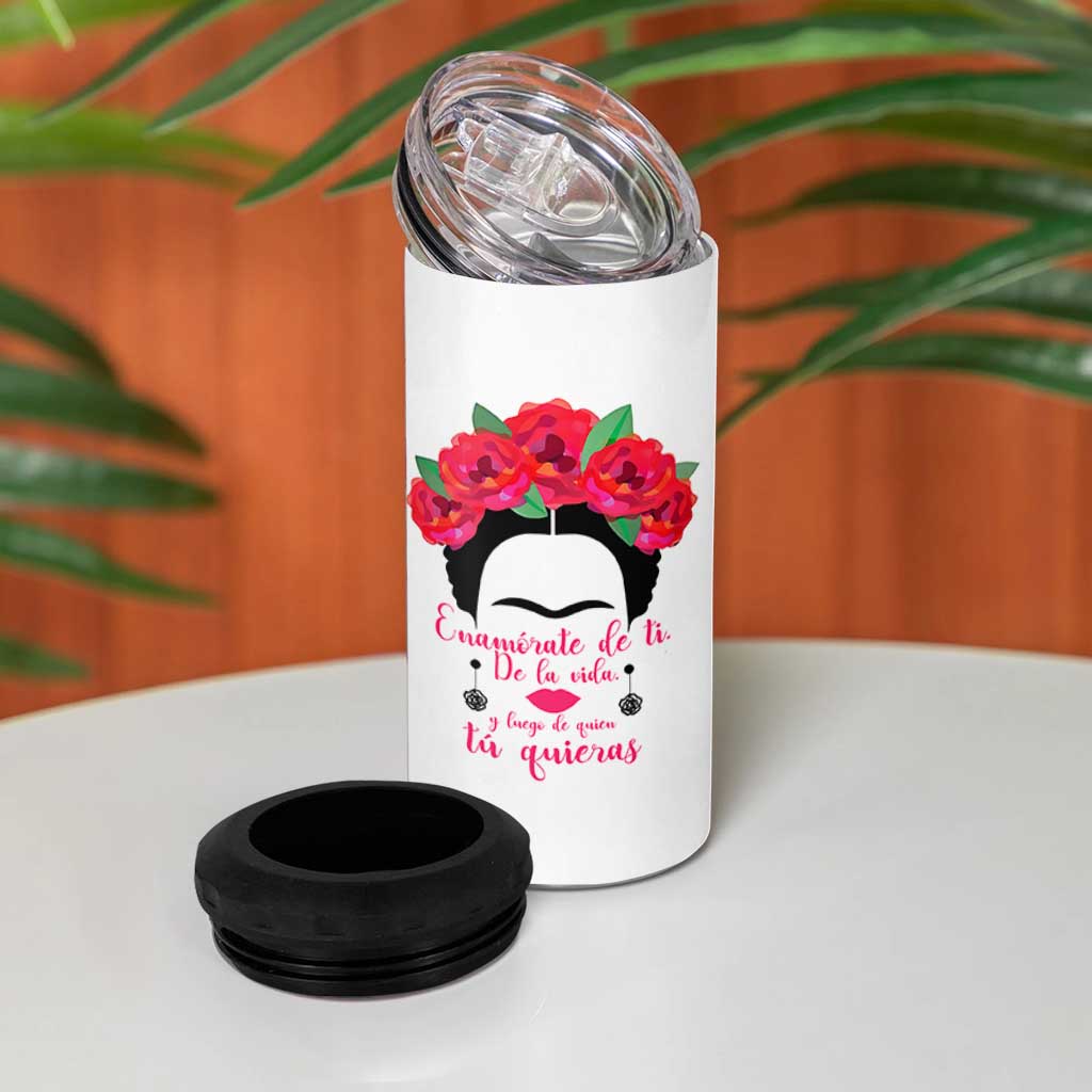 Frida Kahlo Quotes 4 in 1 Can Cooler Tumbler Enamorate De Ti De La Vida Mexican Artist - Wonder Print Shop