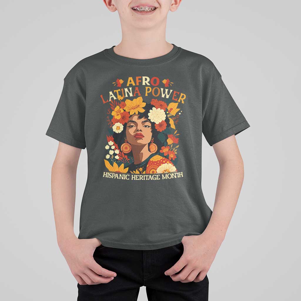 Afro Latina Power T Shirt For Kid Hispanic Heritage Month Flowers - Wonder Print Shop