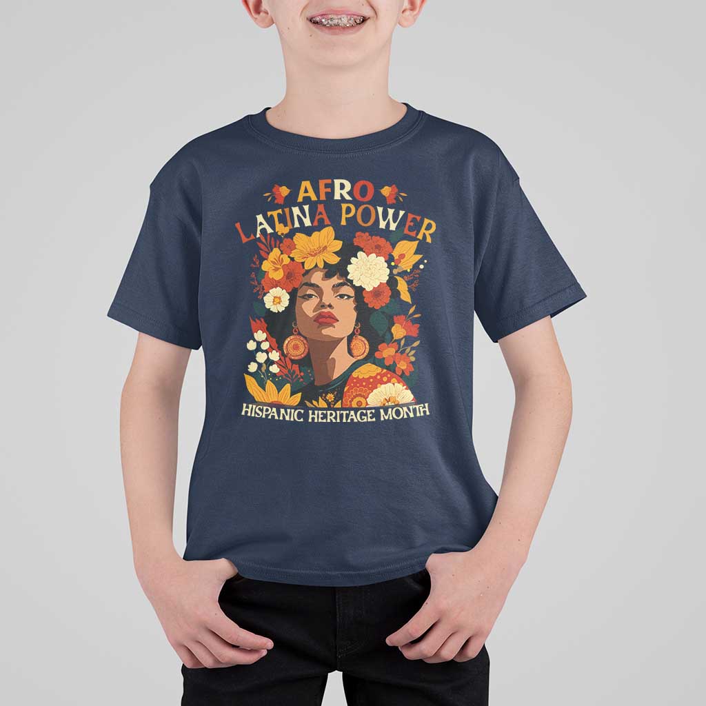 Afro Latina Power T Shirt For Kid Hispanic Heritage Month Flowers - Wonder Print Shop