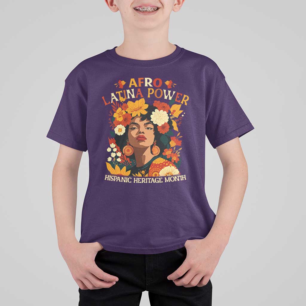 Afro Latina Power T Shirt For Kid Hispanic Heritage Month Flowers - Wonder Print Shop