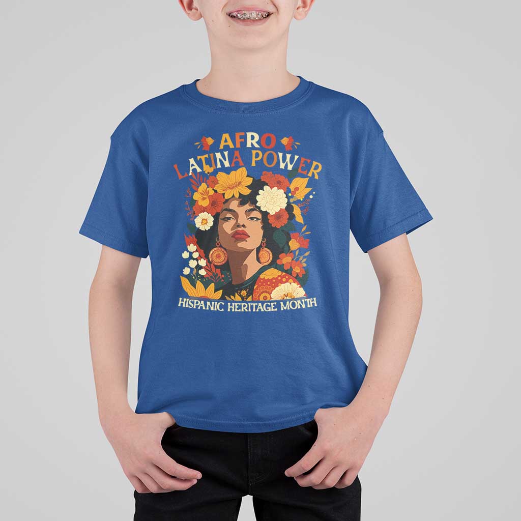Afro Latina Power T Shirt For Kid Hispanic Heritage Month Flowers - Wonder Print Shop