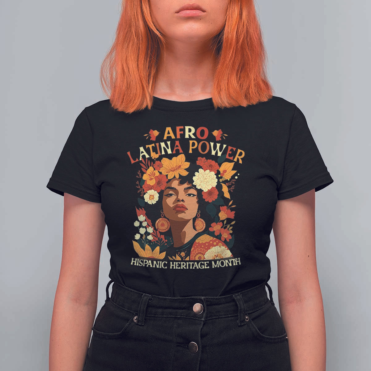 Afro Latina Power T Shirt For Women Hispanic Heritage Month Flowers - Wonder Print Shop