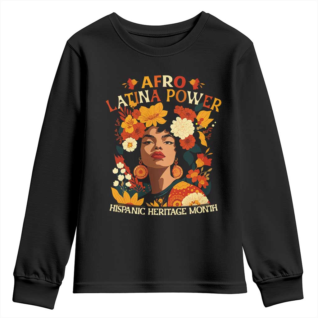 Afro Latina Power Youth Sweatshirt Hispanic Heritage Month Flowers - Wonder Print Shop