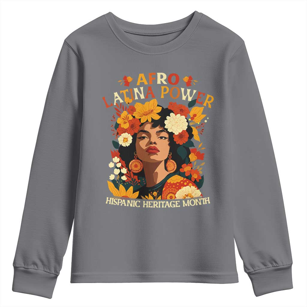 Afro Latina Power Youth Sweatshirt Hispanic Heritage Month Flowers - Wonder Print Shop