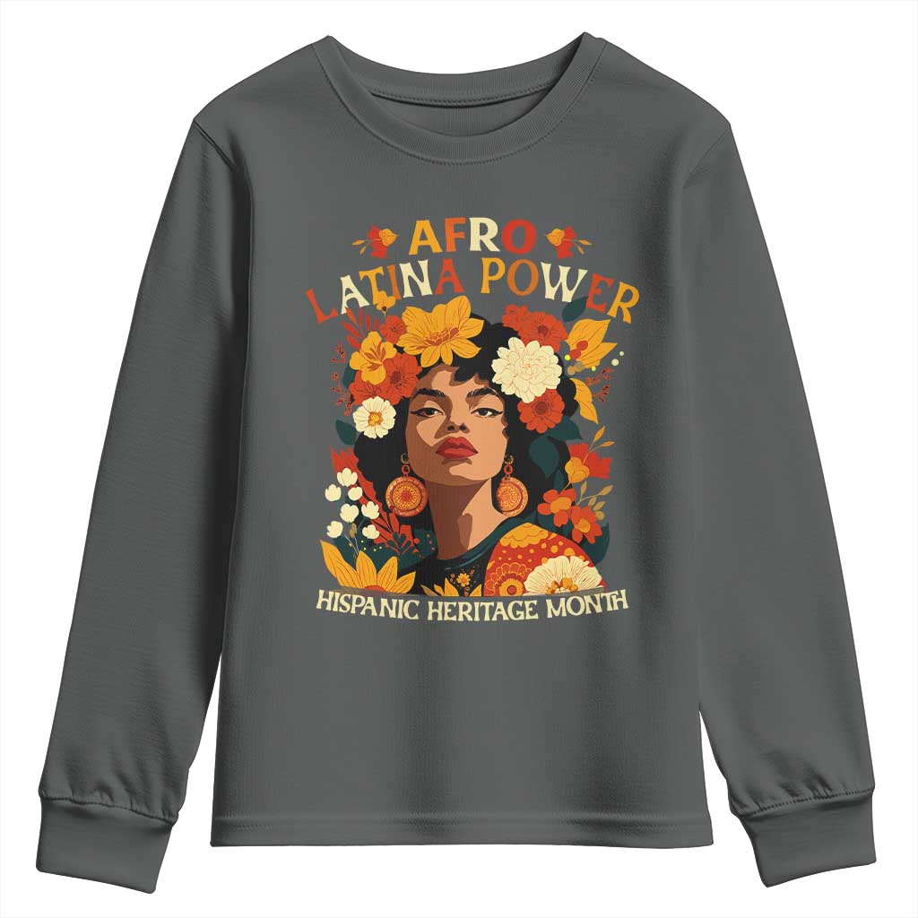 Afro Latina Power Youth Sweatshirt Hispanic Heritage Month Flowers - Wonder Print Shop
