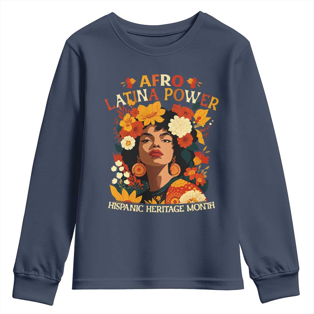 Afro Latina Power Youth Sweatshirt Hispanic Heritage Month Flowers - Wonder Print Shop