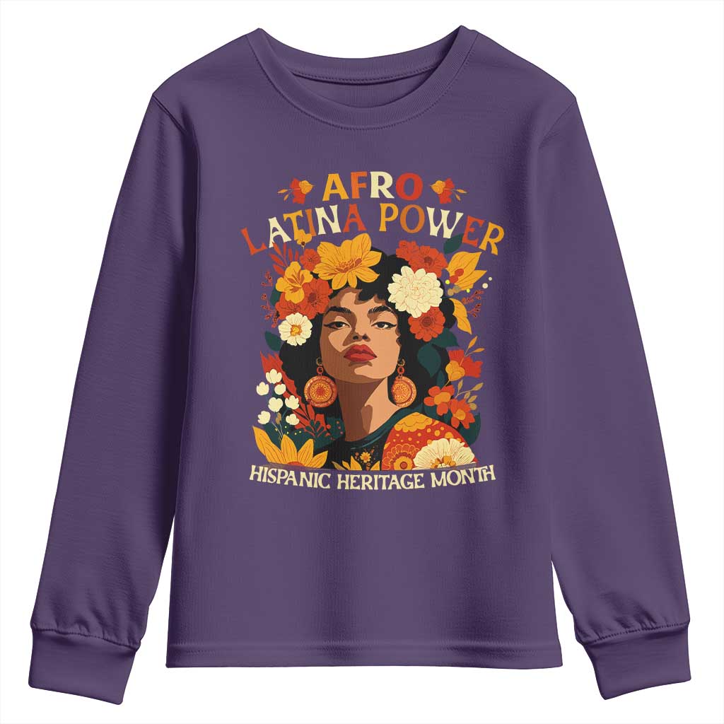 Afro Latina Power Youth Sweatshirt Hispanic Heritage Month Flowers - Wonder Print Shop