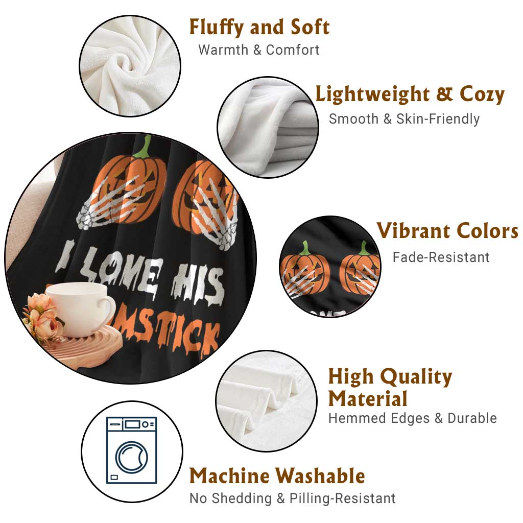 Halloween Couple Matching Throw Blanket I Love His Broomstick Pumpkin Skeleton Hand - Wonder Print Shop