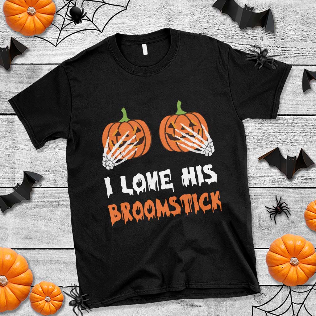 Halloween Couple Matching T Shirt I Love His Broomstick Pumpkin Skeleton Hand - Wonder Print Shop