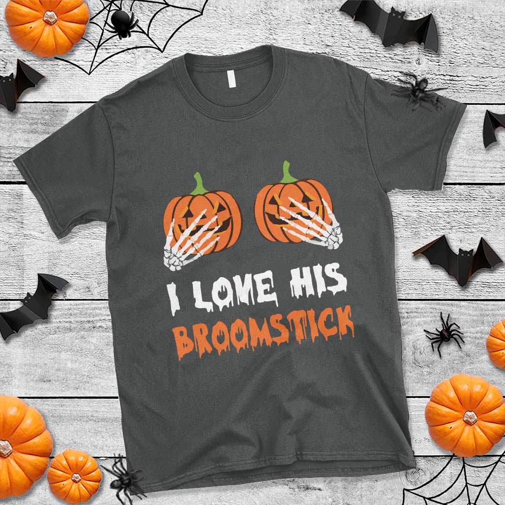 Halloween Couple Matching T Shirt I Love His Broomstick Pumpkin Skeleton Hand - Wonder Print Shop