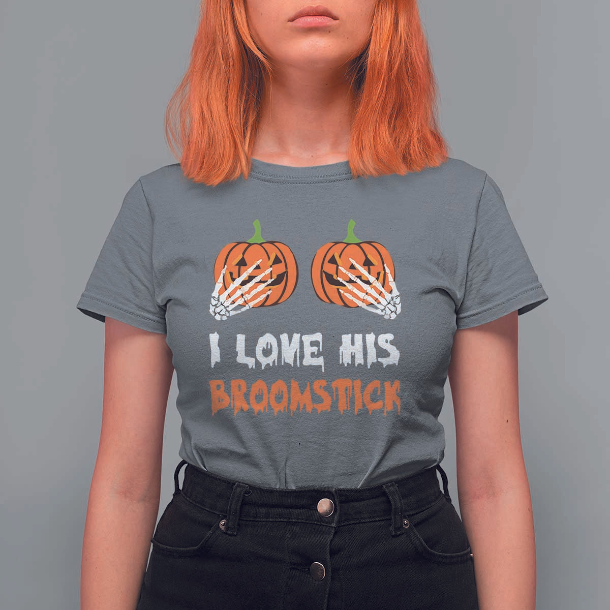 Halloween Couple Matching T Shirt For Women I Love His Broomstick Pumpkin Skeleton Hand - Wonder Print Shop