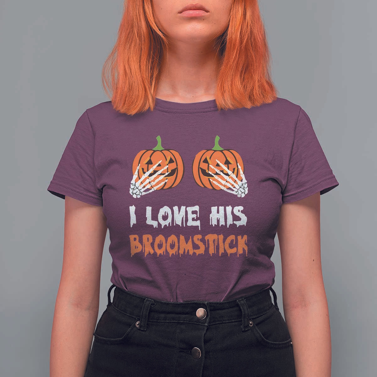Halloween Couple Matching T Shirt For Women I Love His Broomstick Pumpkin Skeleton Hand - Wonder Print Shop