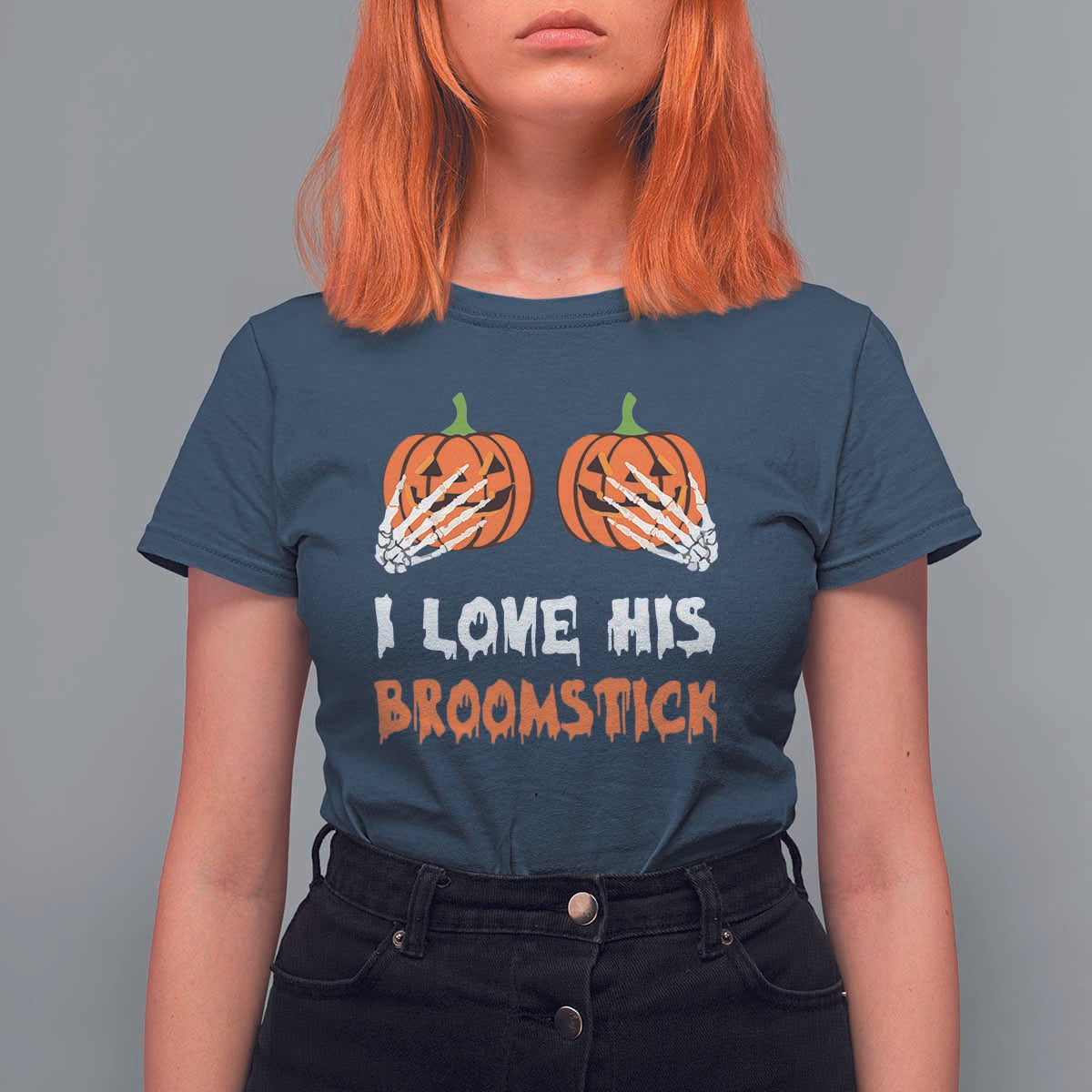 Halloween Couple Matching T Shirt For Women I Love His Broomstick Pumpkin Skeleton Hand - Wonder Print Shop