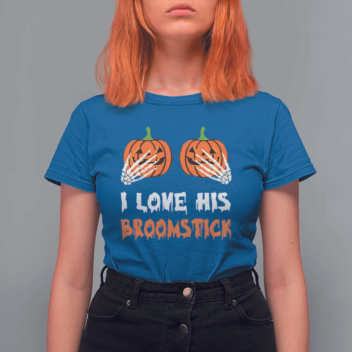 Halloween Couple Matching T Shirt For Women I Love His Broomstick Pumpkin Skeleton Hand - Wonder Print Shop