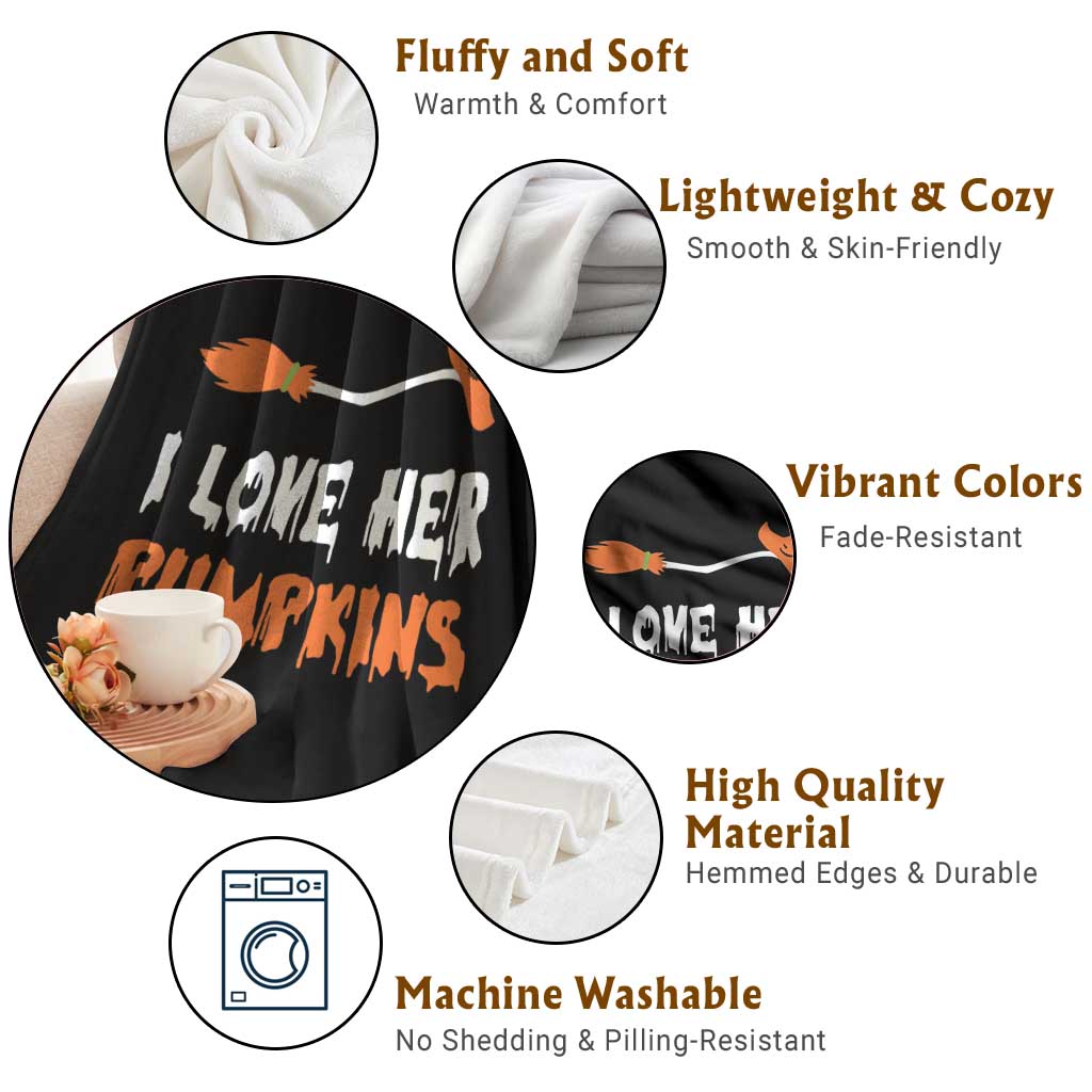 Halloween Couple Matching Throw Blanket I Love Her Pumpkins Broomstick Witch Hat - Wonder Print Shop
