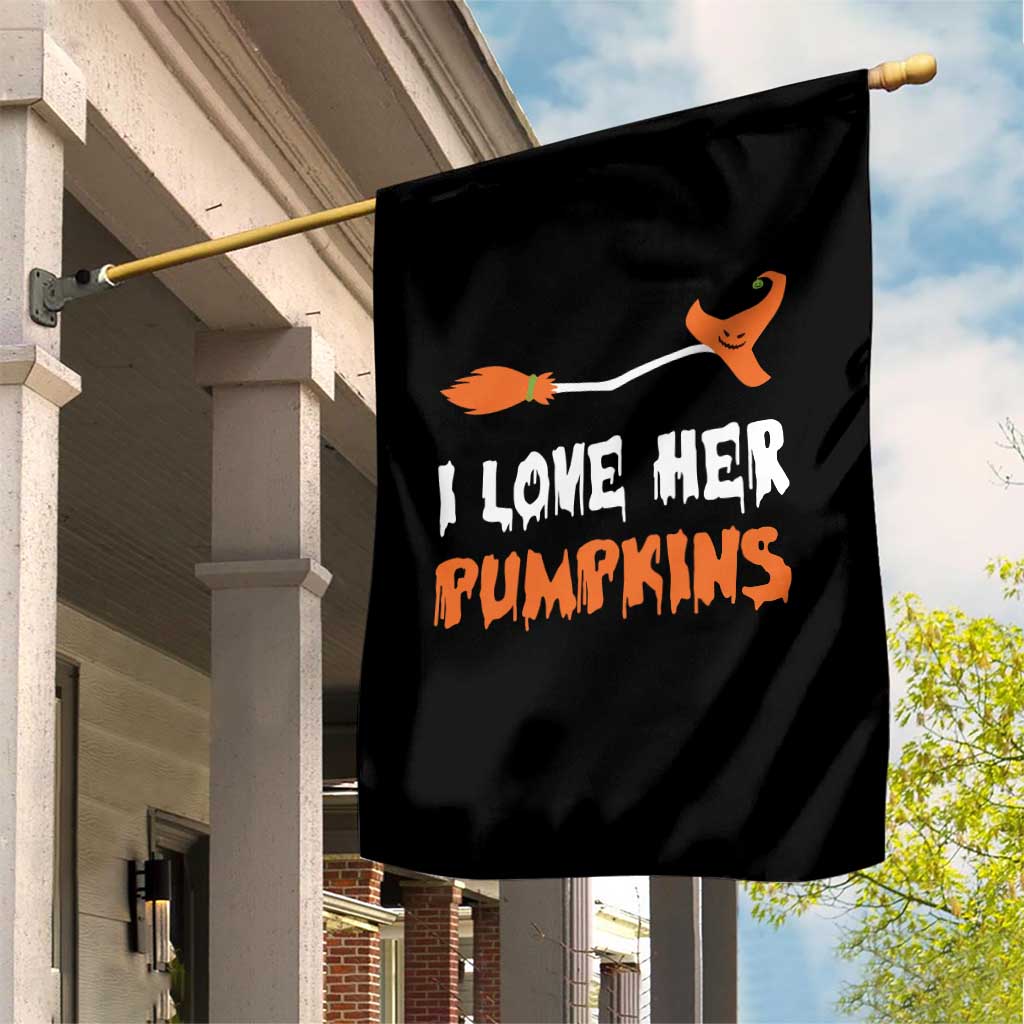 Halloween Couple Matching Garden Flag I Love Her Pumpkins Broomstick Witch Hat - Wonder Print Shop