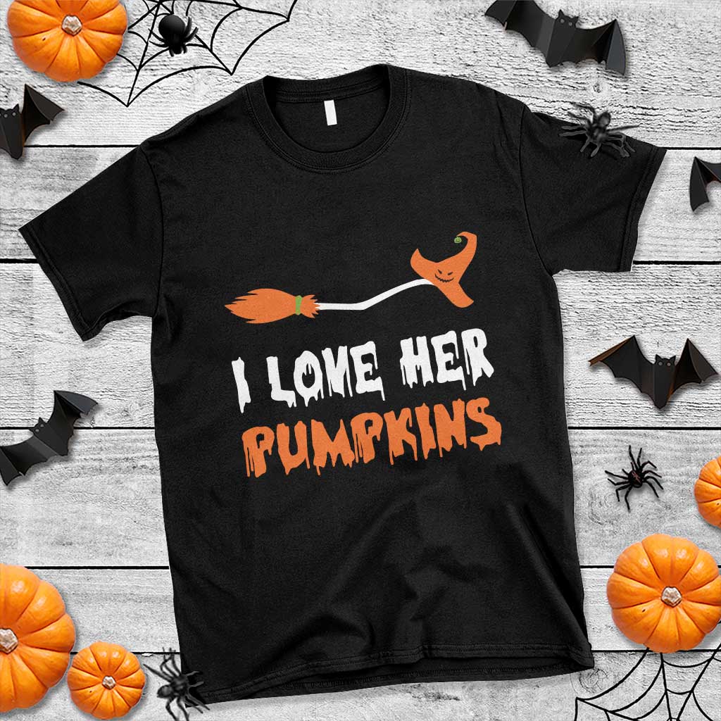 Halloween Couple Matching T Shirt I Love Her Pumpkins Broomstick Witch Hat - Wonder Print Shop