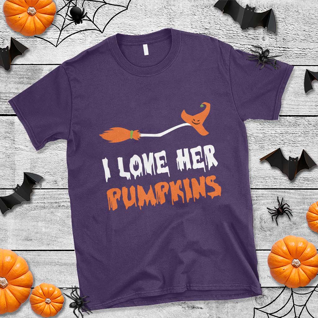 Halloween Couple Matching T Shirt I Love Her Pumpkins Broomstick Witch Hat - Wonder Print Shop