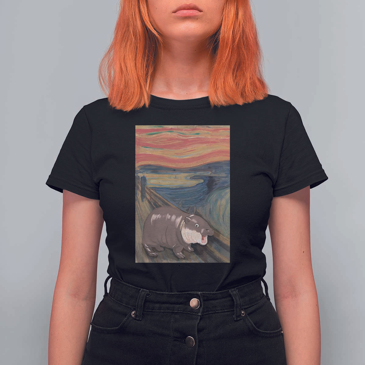 Funny Moo Deng T Shirt For Women Cute Hippo Zoo Scream Art Meme Baby Pygmy Edvard Munch - Wonder Print Shop