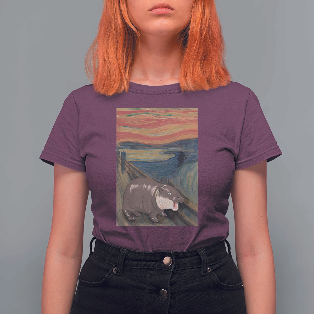 Funny Moo Deng T Shirt For Women Cute Hippo Zoo Scream Art Meme Baby Pygmy Edvard Munch - Wonder Print Shop