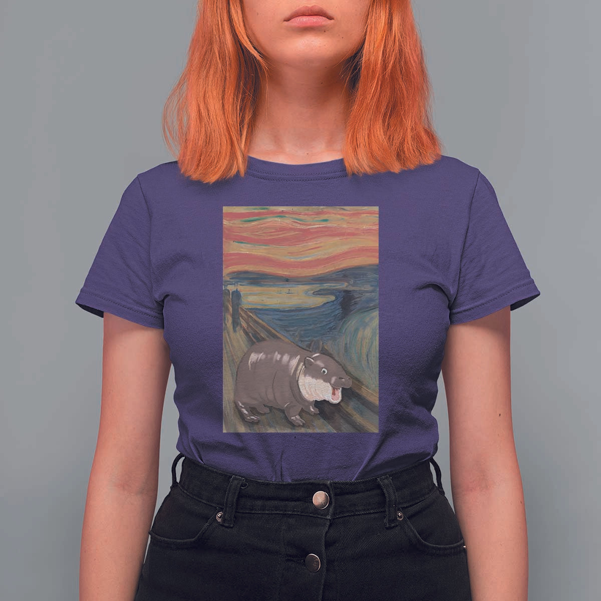 Funny Moo Deng T Shirt For Women Cute Hippo Zoo Scream Art Meme Baby Pygmy Edvard Munch - Wonder Print Shop
