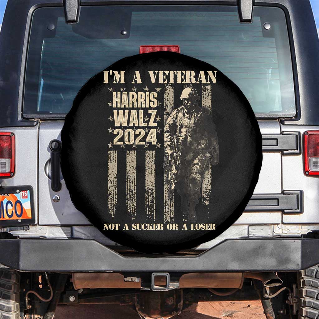 Harris Walz 2024 Spare Tire Cover I'm A Veteran Not A Sucker Or A Loser Vintage American Flag Military