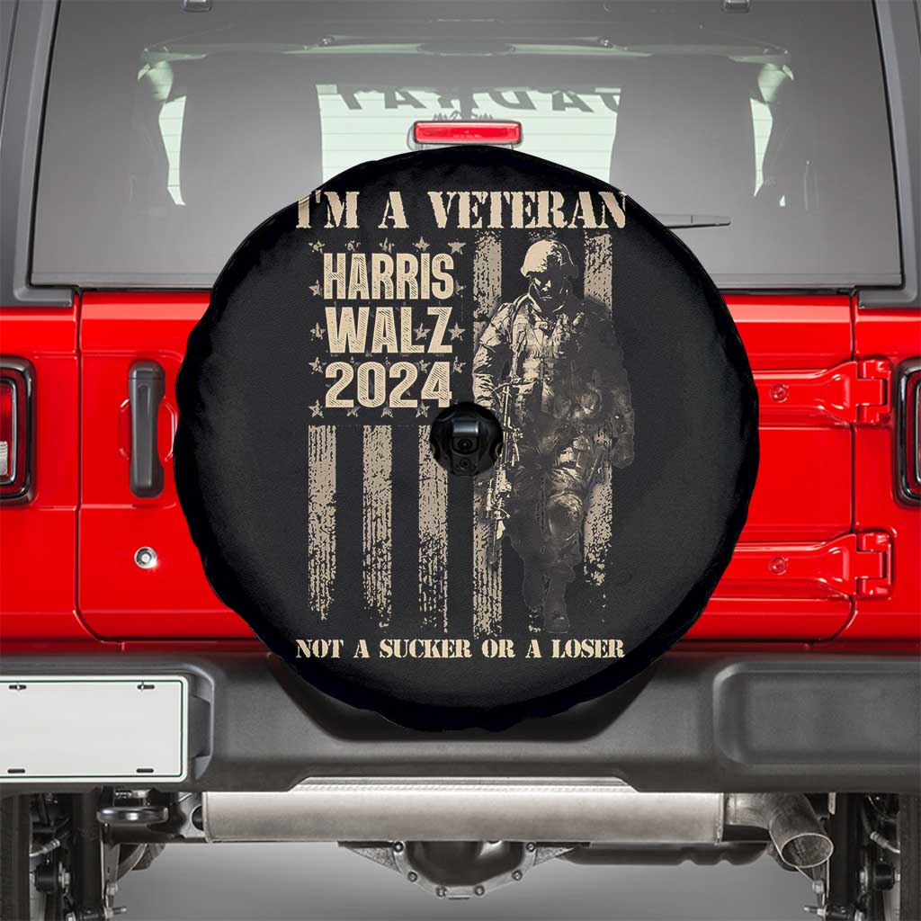 Harris Walz 2024 Spare Tire Cover I'm A Veteran Not A Sucker Or A Loser Vintage American Flag Military