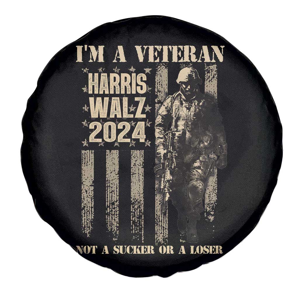 Harris Walz 2024 Spare Tire Cover I'm A Veteran Not A Sucker Or A Loser Vintage American Flag Military