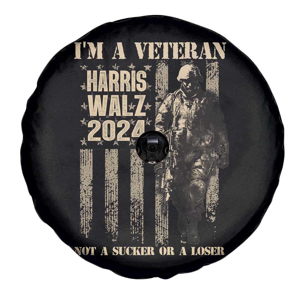 Harris Walz 2024 Spare Tire Cover I'm A Veteran Not A Sucker Or A Loser Vintage American Flag Military