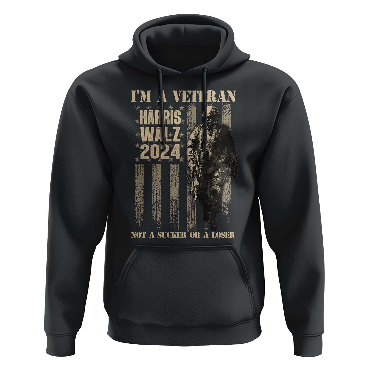 Harris Walz 2024 Hoodie I'm A Veteran Not A Sucker Or A Loser Vintage American Flag Military - Wonder Print Shop