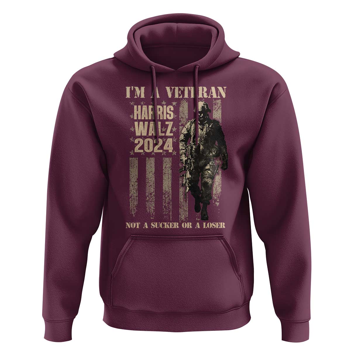 Harris Walz 2024 Hoodie I'm A Veteran Not A Sucker Or A Loser Vintage American Flag Military - Wonder Print Shop