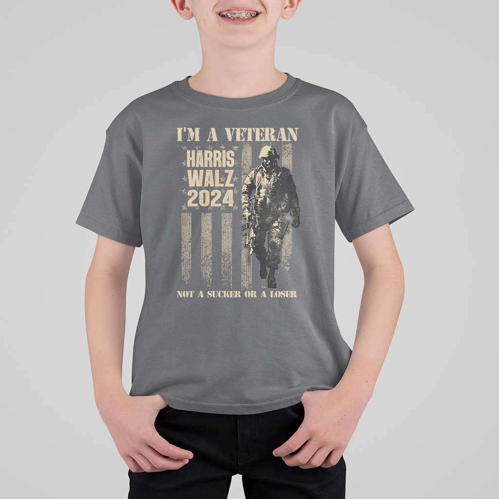 Harris Walz 2024 T Shirt For Kid I'm A Veteran Not A Sucker Or A Loser Vintage American Flag Military - Wonder Print Shop