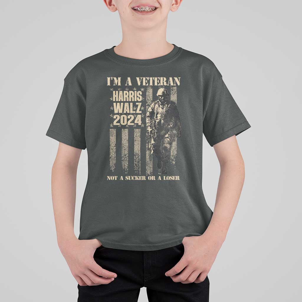 Harris Walz 2024 T Shirt For Kid I'm A Veteran Not A Sucker Or A Loser Vintage American Flag Military - Wonder Print Shop