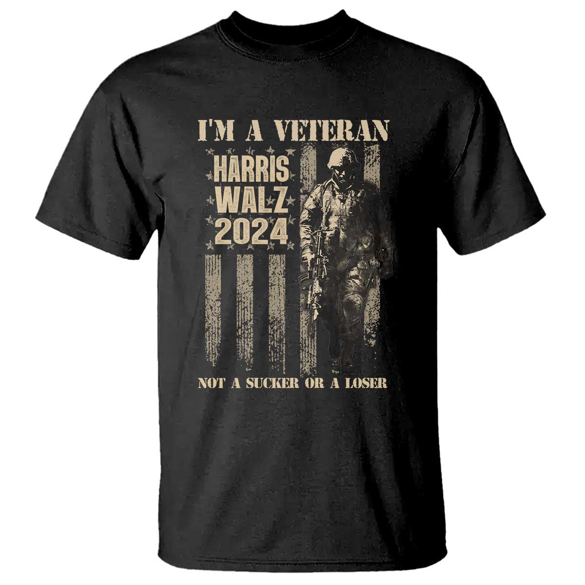 Harris Walz 2024 T Shirt I'm A Veteran Not A Sucker Or A Loser Vintage American Flag Military - Wonder Print Shop