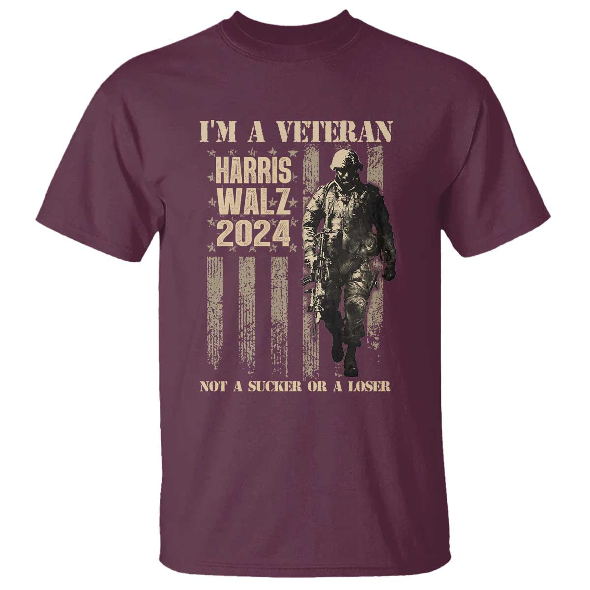 Harris Walz 2024 T Shirt I'm A Veteran Not A Sucker Or A Loser Vintage American Flag Military - Wonder Print Shop
