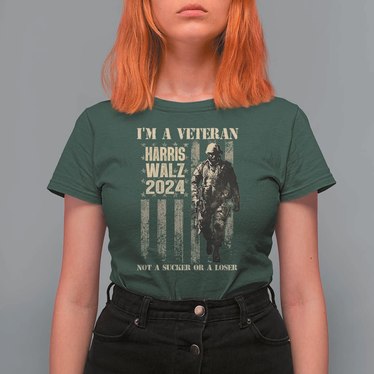 Harris Walz 2024 T Shirt For Women I'm A Veteran Not A Sucker Or A Loser Vintage American Flag Military - Wonder Print Shop