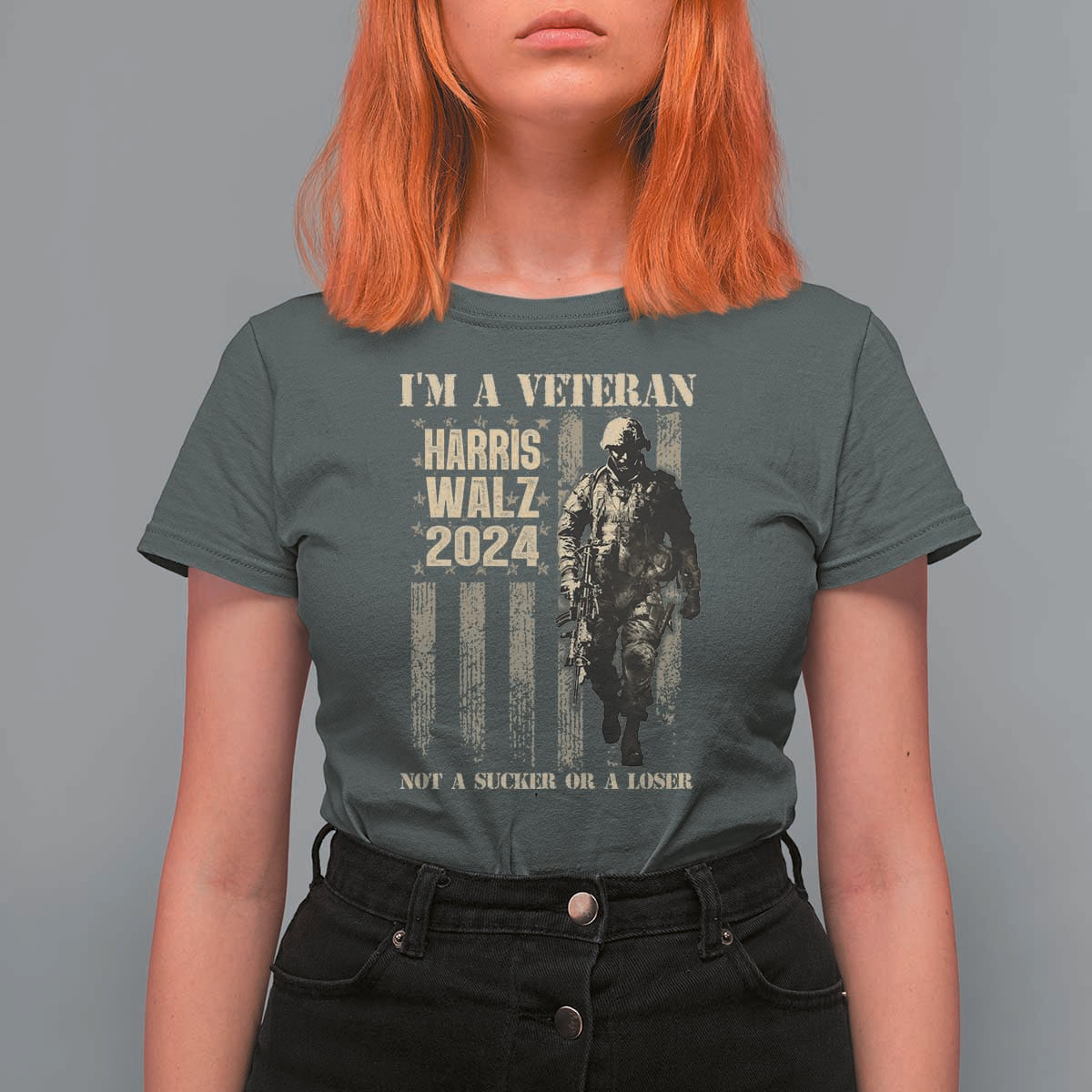 Harris Walz 2024 T Shirt For Women I'm A Veteran Not A Sucker Or A Loser Vintage American Flag Military - Wonder Print Shop
