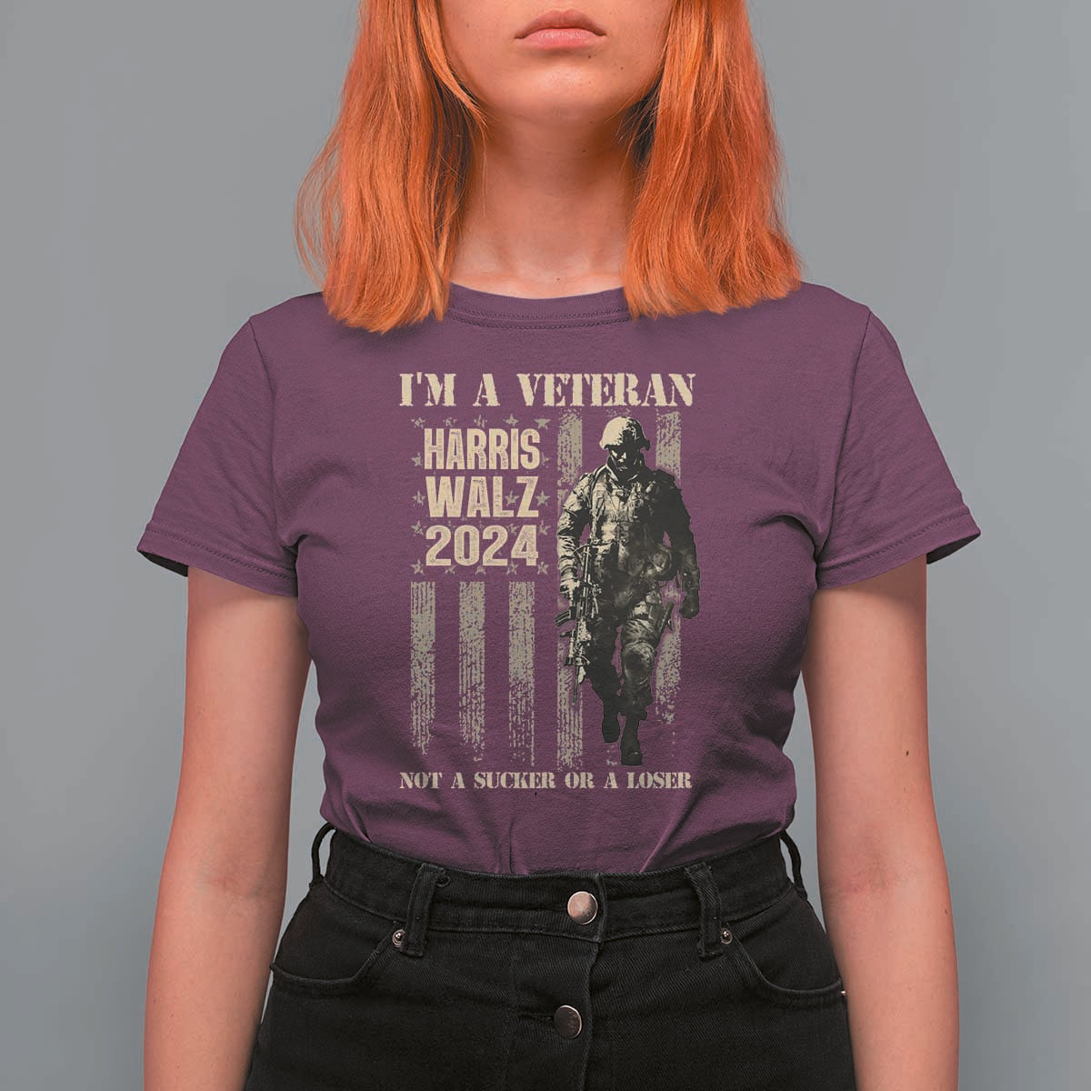 Harris Walz 2024 T Shirt For Women I'm A Veteran Not A Sucker Or A Loser Vintage American Flag Military - Wonder Print Shop