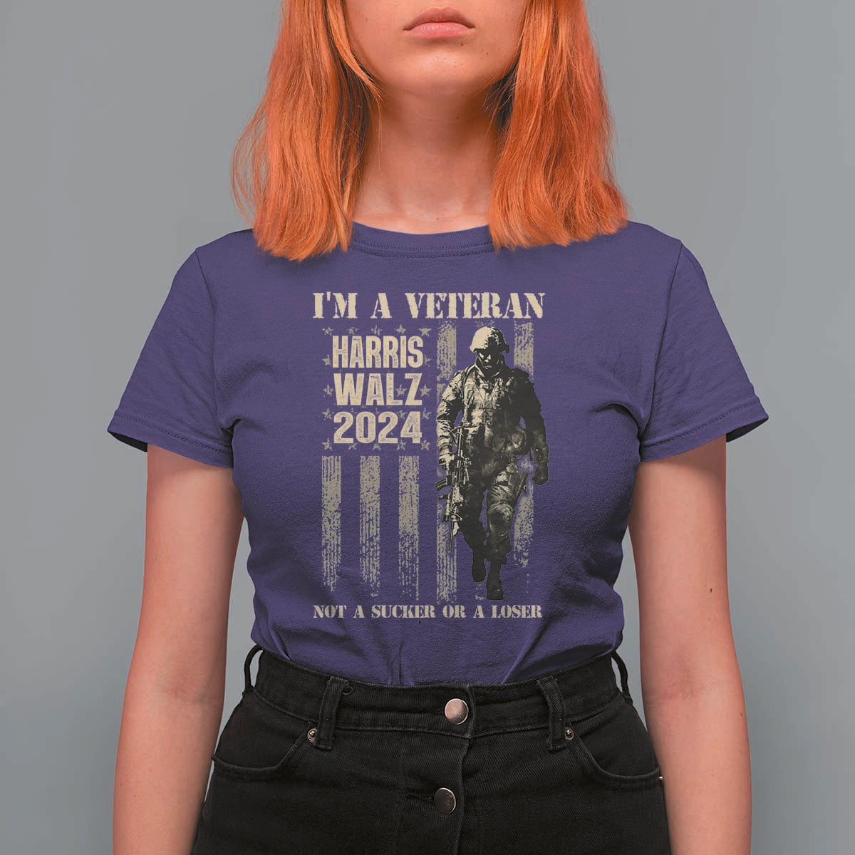 Harris Walz 2024 T Shirt For Women I'm A Veteran Not A Sucker Or A Loser Vintage American Flag Military - Wonder Print Shop