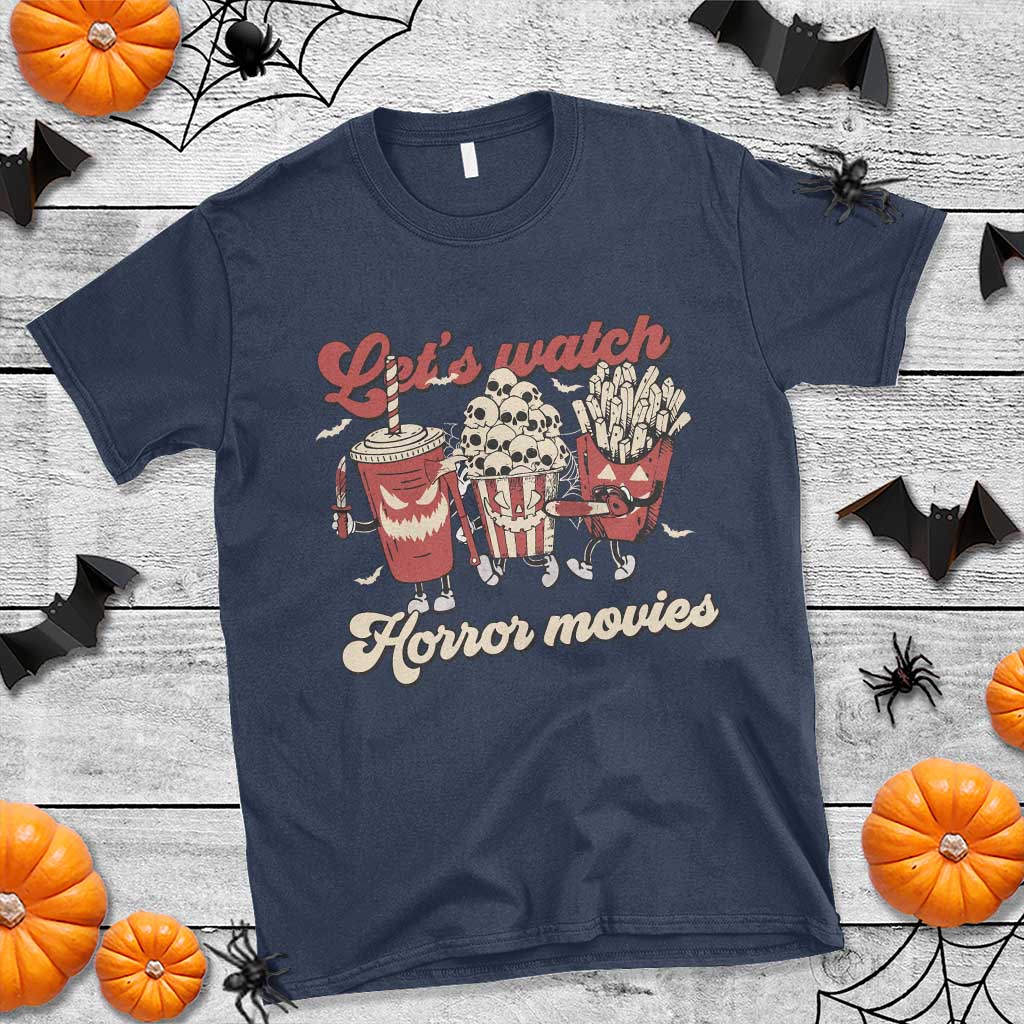 Funny Halloween T Shirt Let's Watch Horror Movies Popcorn Drinks Murderer Bat - Wonder Print Shop