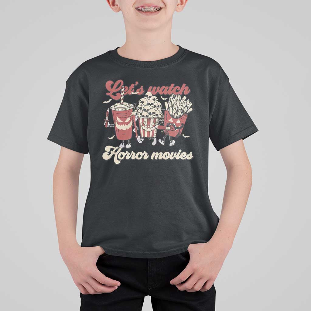 Funny Halloween T Shirt For Kid Let's Watch Horror Movies Popcorn Drinks Murderer Bat - Wonder Print Shop
