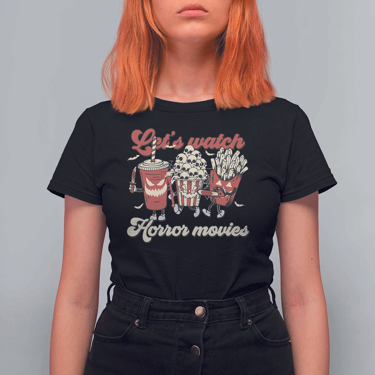 Funny Halloween T Shirt For Women Let's Watch Horror Movies Popcorn Drinks Murderer Bat - Wonder Print Shop